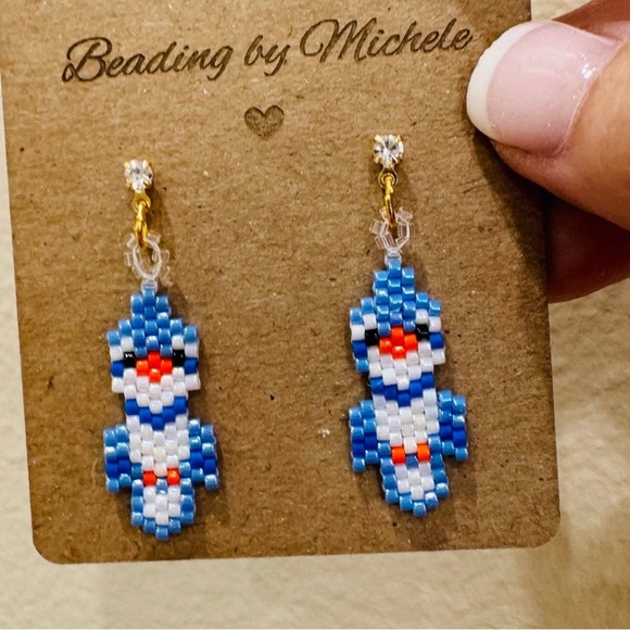 Handmade Cute Blue Jay Bird Miyuki Glass Seed Beaded Earrings, Brick Stitch Gift - Picture 4 of 5